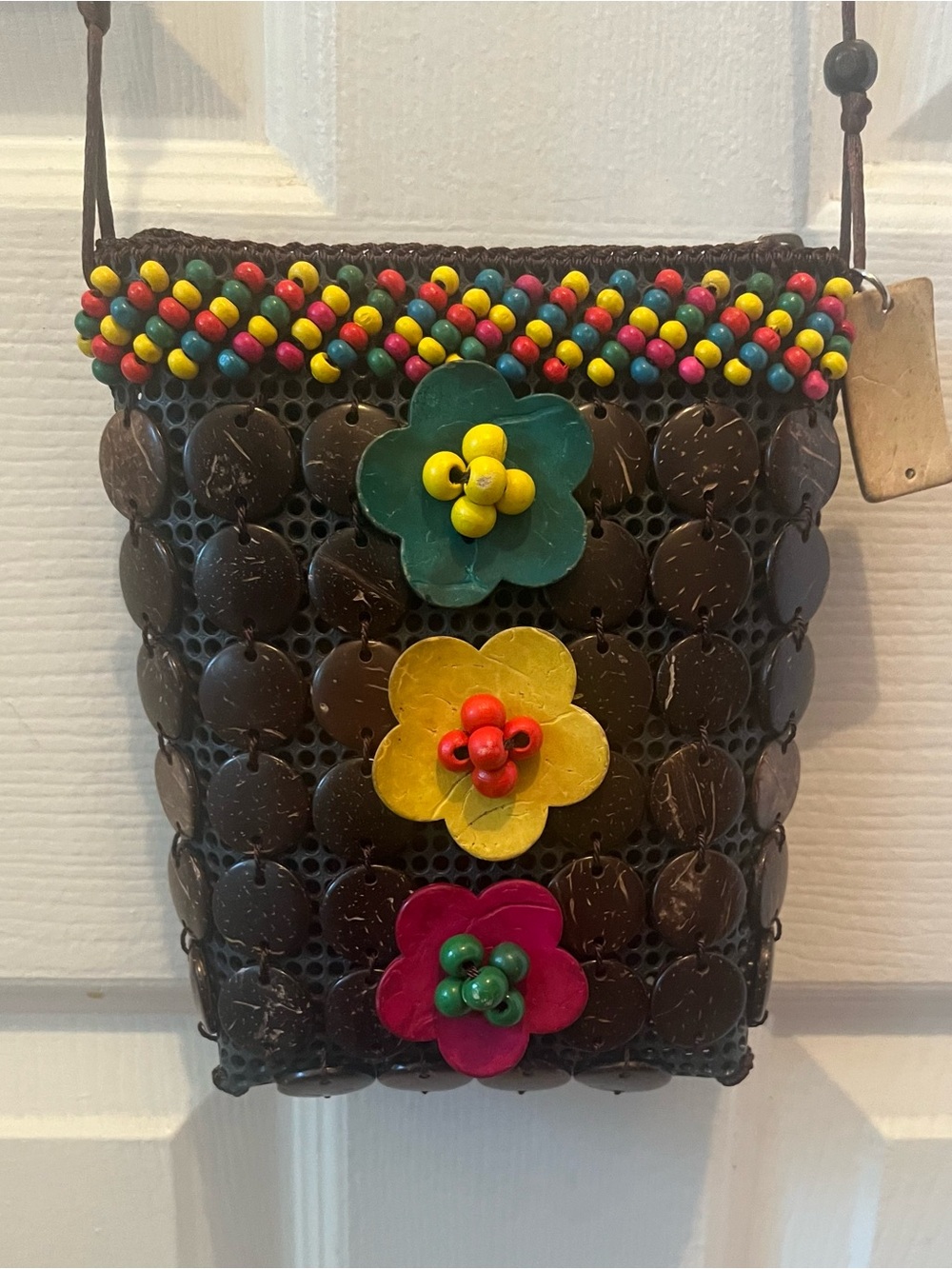 Handmade Brown Coconut Shell Crossbody Bag with Colorful Floral Accents